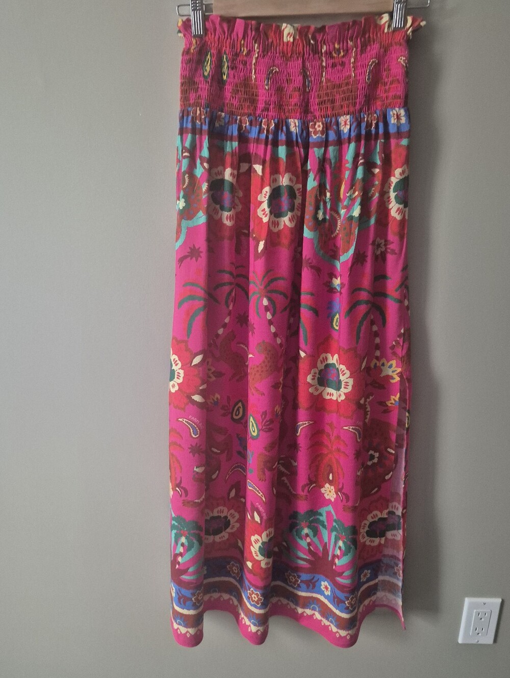 Farm Rio By Anthropologie Pink Combo Linen Maxi Skirt 2 Slits Elastic Waist Band